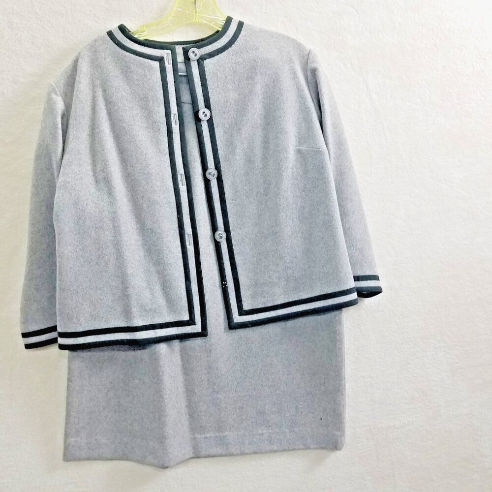 Grey jacket Blck piping suit womens 8-10 vintage wool straight skirt knee length